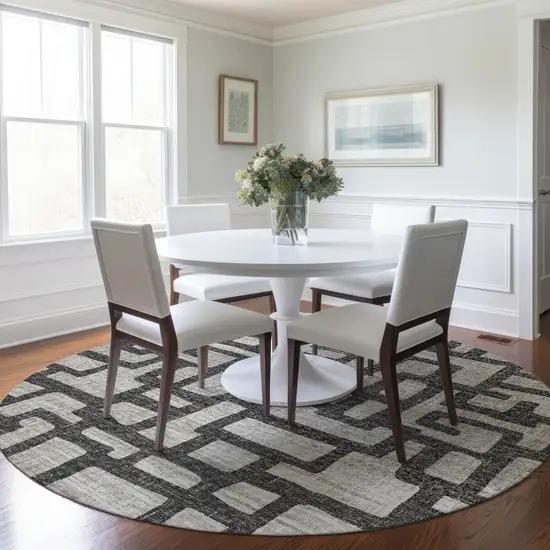 8' Gray And Ivory Abstract Washable Round Rug With UV Protection Photo 5