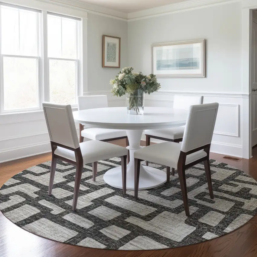 8' Gray And Ivory Abstract Washable Round Rug With UV Protection Photo 5