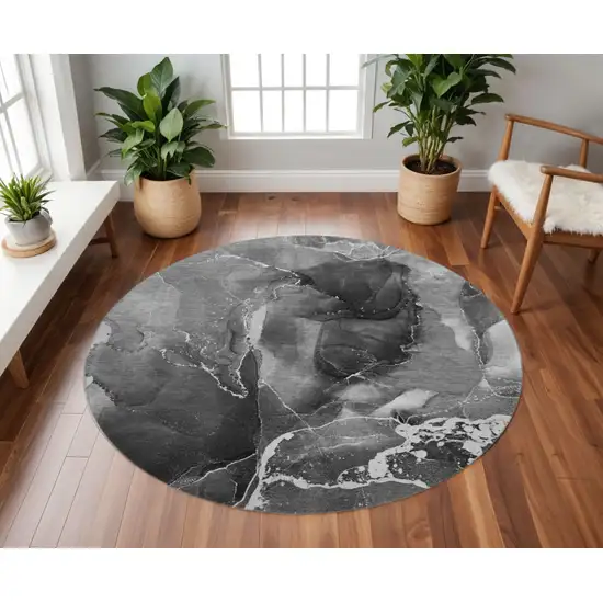 8' Gray And Ivory Abstract Washable Round Rug With UV Protection Photo 2