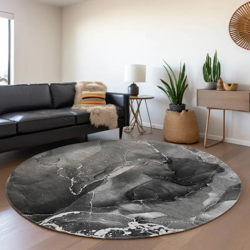 8' Gray And Ivory Abstract Washable Round Rug With UV Protection Photo 5