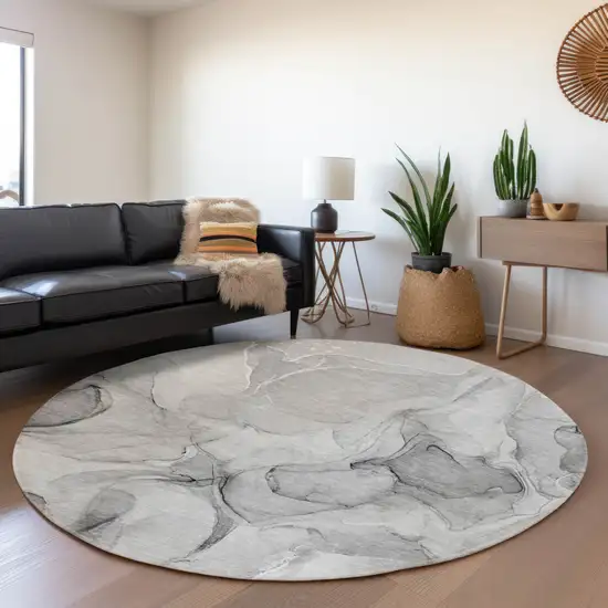 8' Gray And Ivory Abstract Washable Round Rug With UV Protection Photo 5