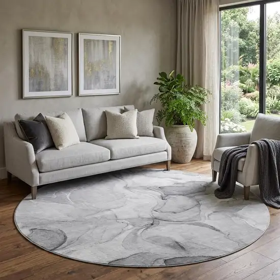 8' Gray And Ivory Abstract Washable Round Rug With UV Protection Photo 1