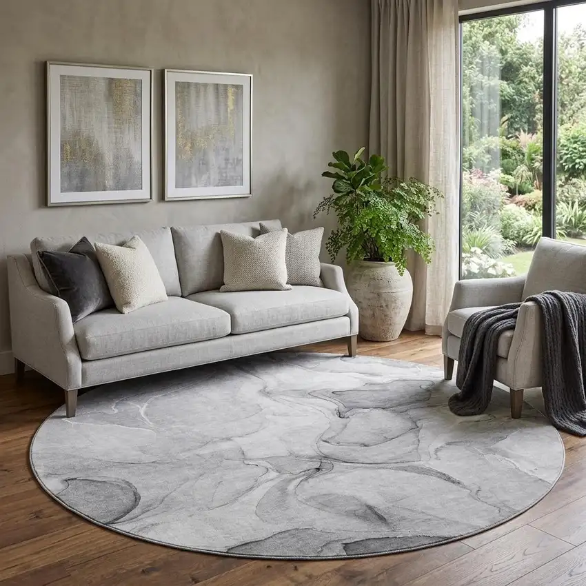 8' Gray And Ivory Abstract Washable Round Rug With UV Protection Photo 1