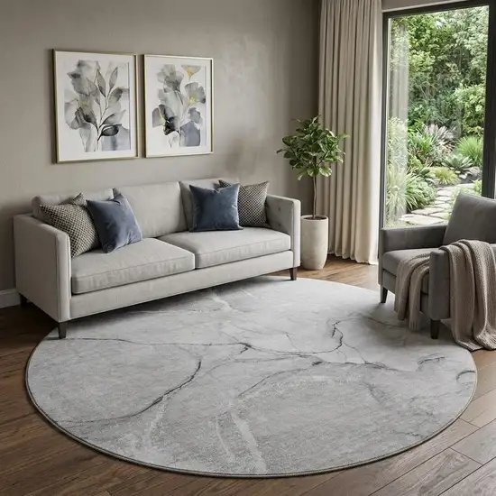 8' Gray And Ivory Abstract Washable Round Rug With UV Protection Photo 1