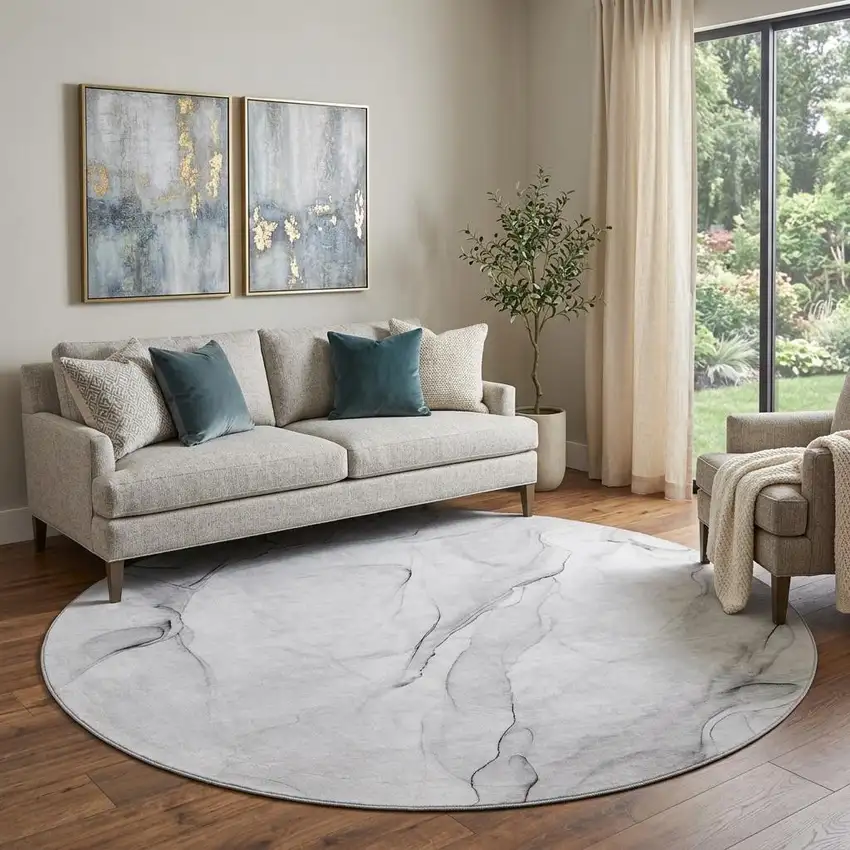 8' Gray And Ivory Abstract Washable Round Rug With UV Protection Photo 1