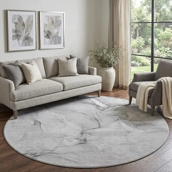 8' Gray And Ivory Abstract Washable Round Rug With UV Protection Photo 1