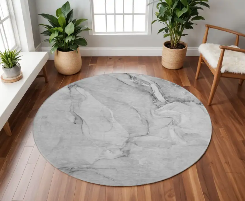 8' Gray And Ivory Abstract Washable Round Rug With UV Protection Photo 2