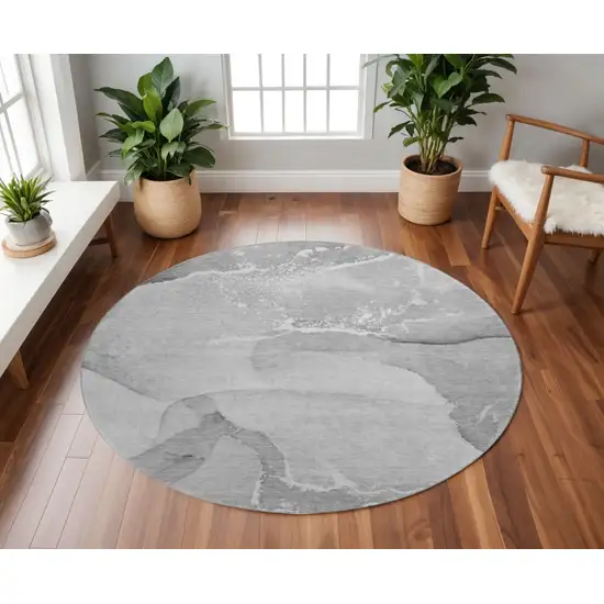 8' Gray And Ivory Abstract Washable Round Rug With UV Protection Photo 2