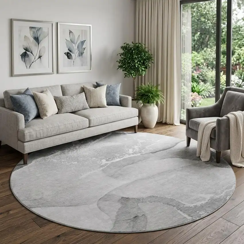 8' Gray And Ivory Abstract Washable Round Rug With UV Protection Photo 1