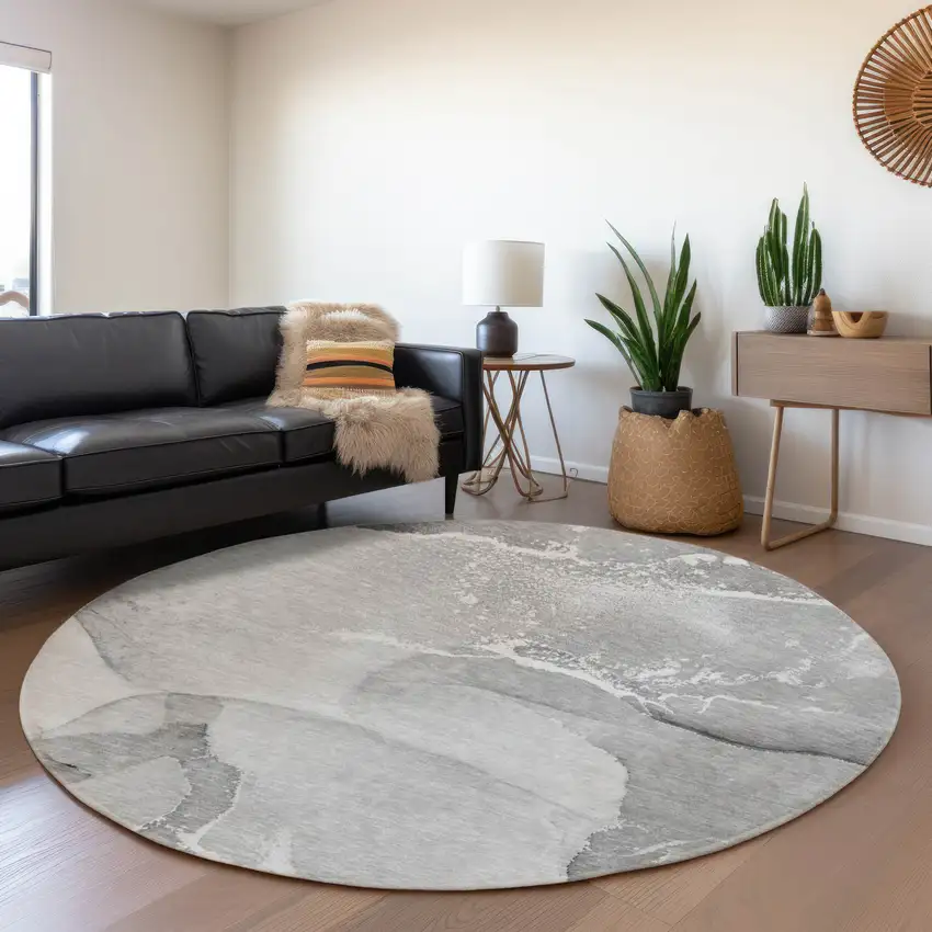 8' Gray And Ivory Abstract Washable Round Rug With UV Protection Photo 5