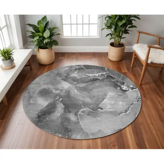 8' Gray And Ivory Abstract Washable Round Rug With UV Protection Photo 2
