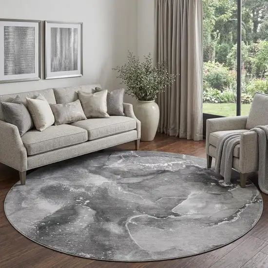 8' Gray And Ivory Abstract Washable Round Rug With UV Protection Photo 1