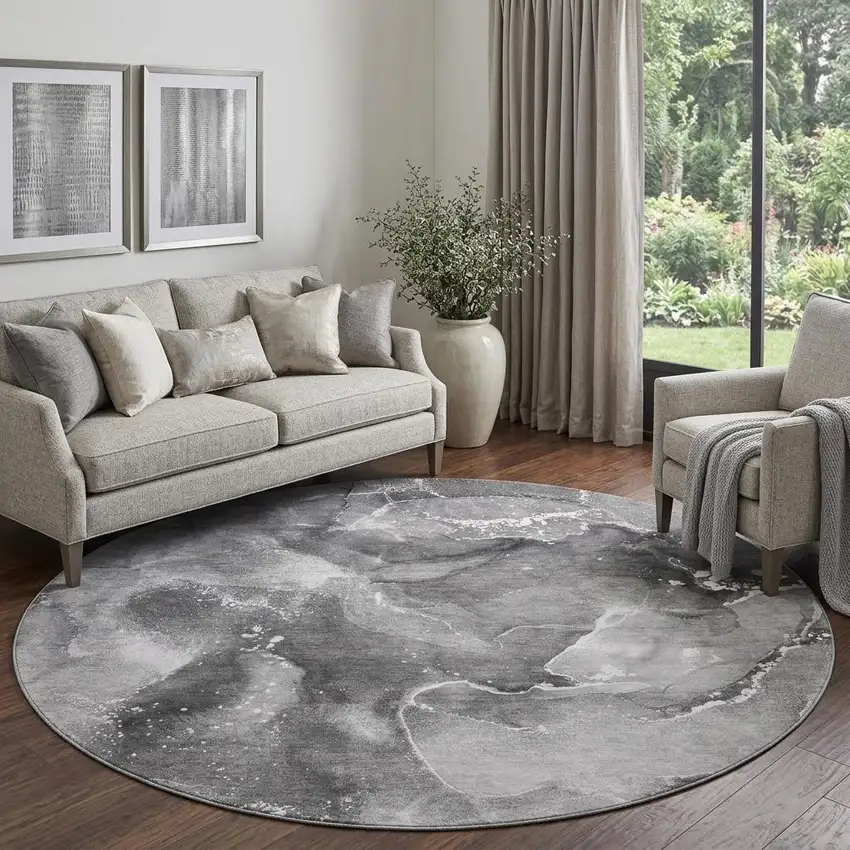 8' Gray And Ivory Abstract Washable Round Rug With UV Protection Photo 1