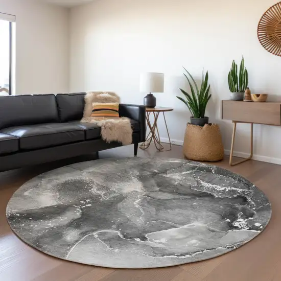 8' Gray And Ivory Abstract Washable Round Rug With UV Protection Photo 5