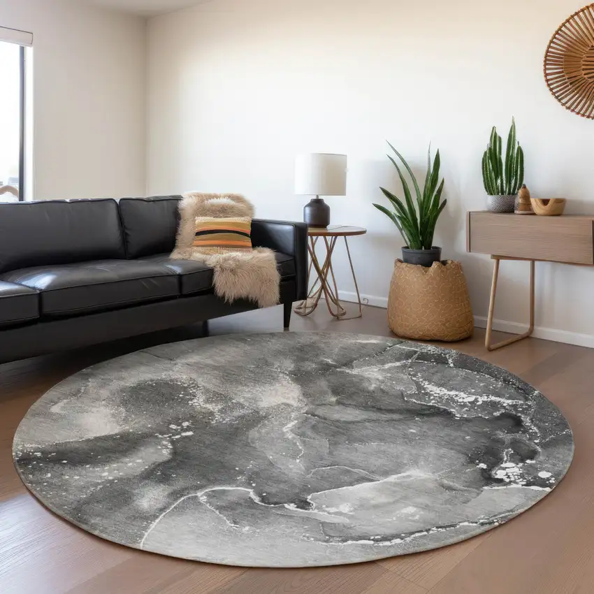 8' Gray And Ivory Abstract Washable Round Rug With UV Protection Photo 5