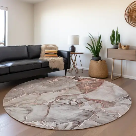 8' Gray And Ivory Abstract Washable Round Rug With UV Protection Photo 3