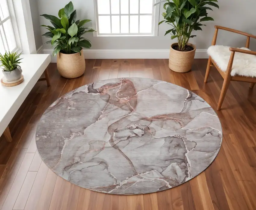 8' Gray And Ivory Abstract Washable Round Rug With UV Protection Photo 2