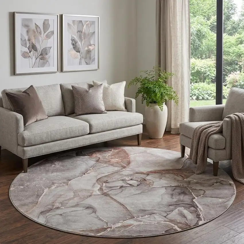 8' Gray And Ivory Abstract Washable Round Rug With UV Protection Photo 1