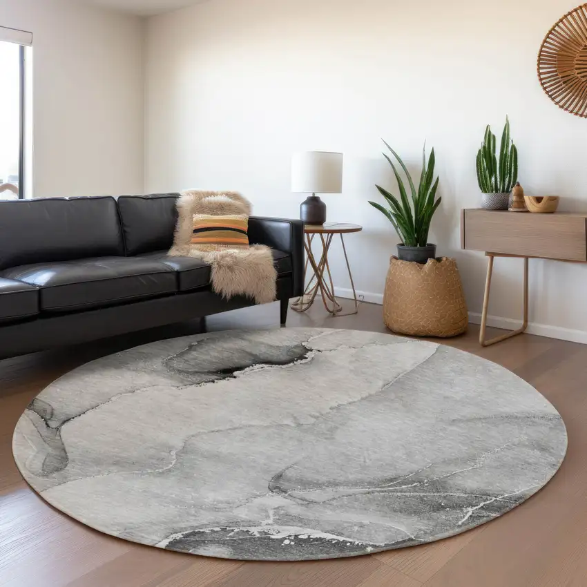 8' Gray And Ivory Abstract Washable Round Rug With UV Protection Photo 5