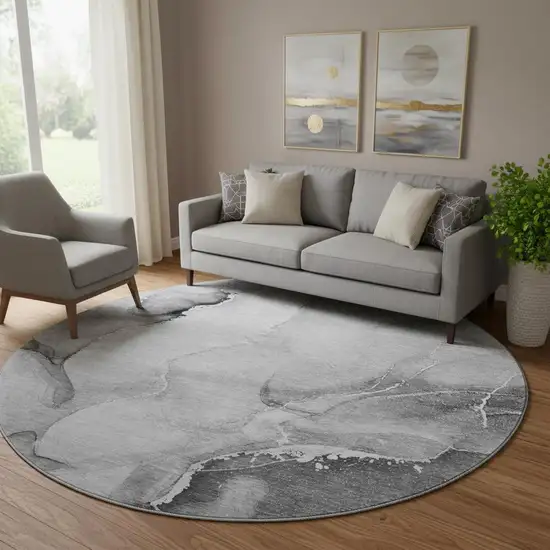 8' Gray And Ivory Abstract Washable Round Rug With UV Protection Photo 1