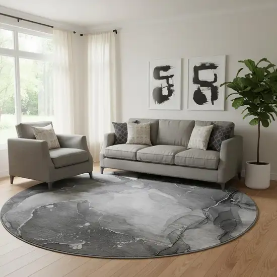 8' Gray And Ivory Abstract Washable Round Rug With UV Protection Photo 1
