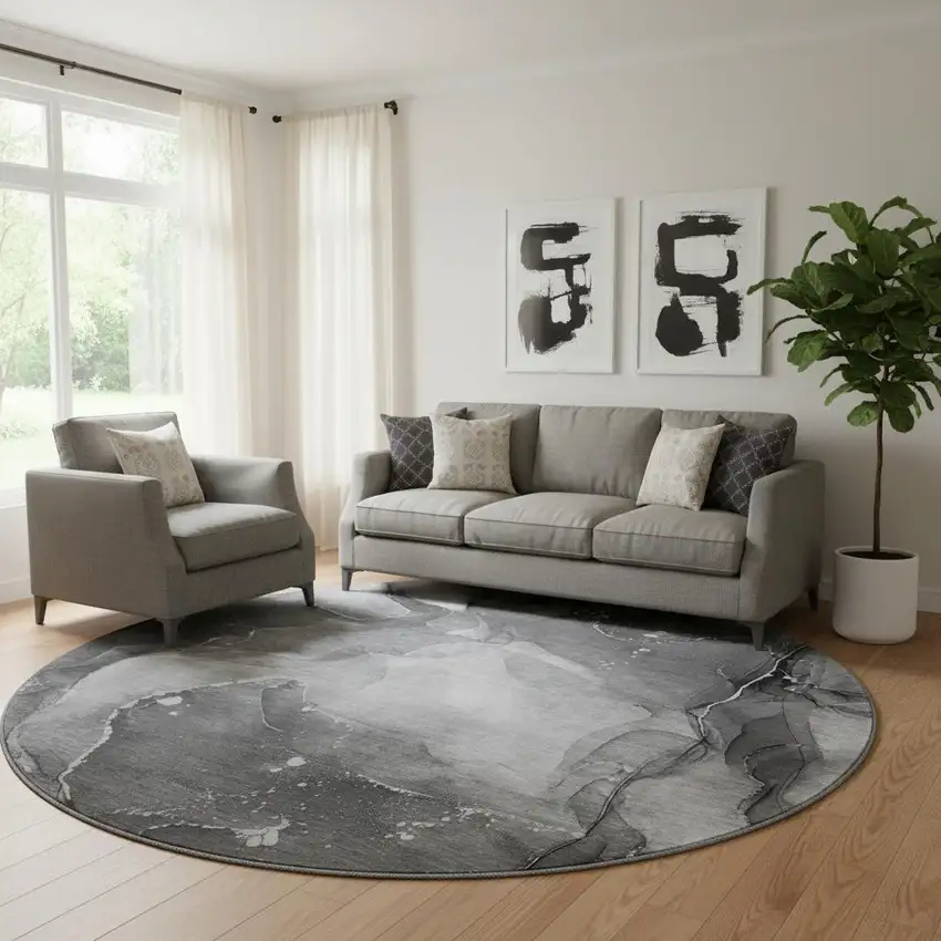 8' Gray And Ivory Abstract Washable Round Rug With UV Protection Photo 1