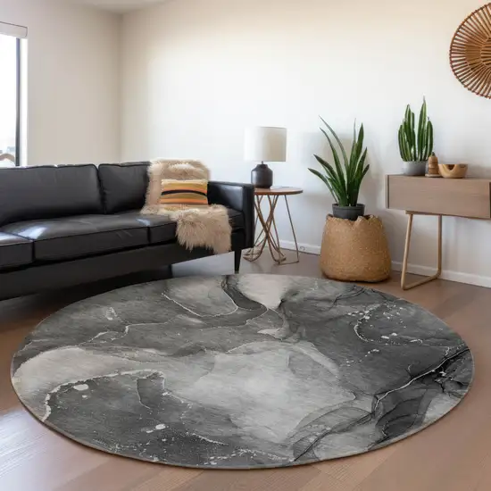 8' Gray And Ivory Abstract Washable Round Rug With UV Protection Photo 5