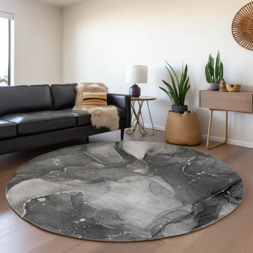 8' Gray And Ivory Abstract Washable Round Rug With UV Protection Photo 5