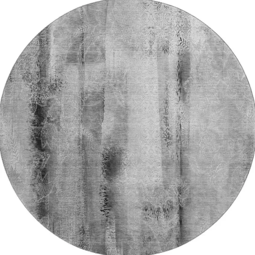 8' Gray And Ivory Abstract Washable Round Rug With UV Protection Photo 4