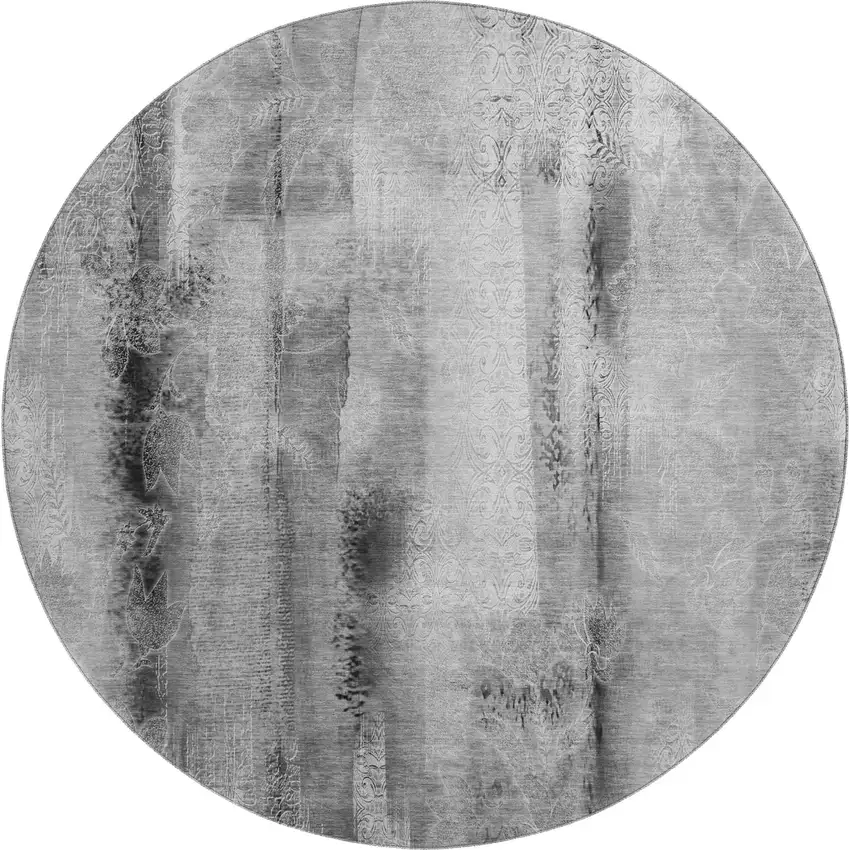 8' Gray And Ivory Abstract Washable Round Rug With UV Protection Photo 1