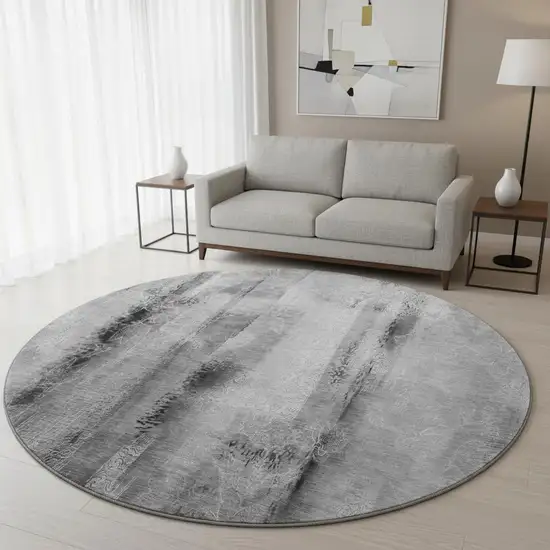 8' Gray And Ivory Abstract Washable Round Rug With UV Protection Photo 2