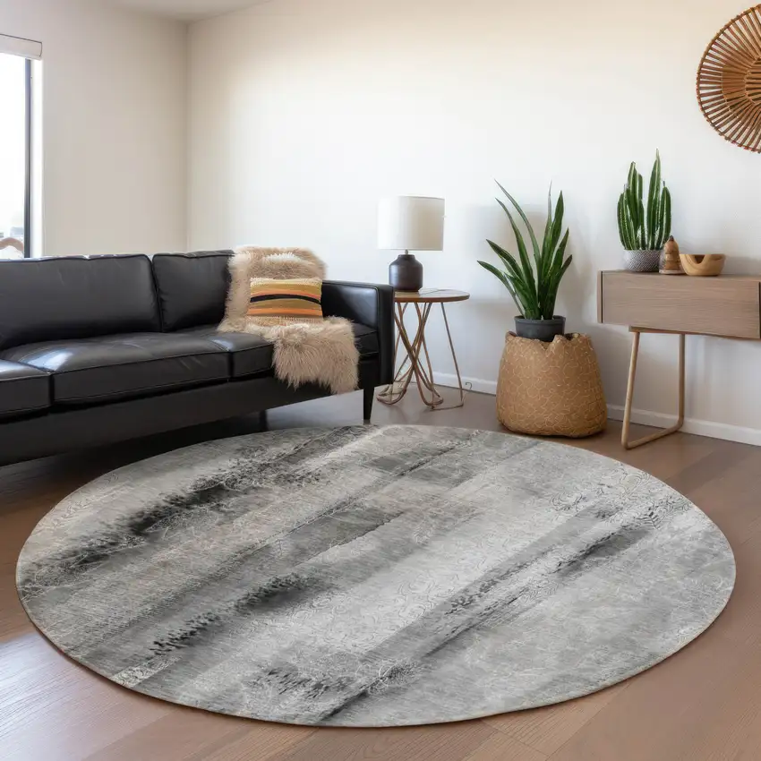 8' Gray And Ivory Abstract Washable Round Rug With UV Protection Photo 5