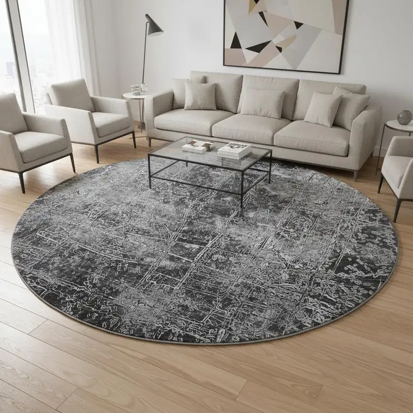 8' Gray And Ivory Abstract Washable Round Rug With UV Protection Photo 2