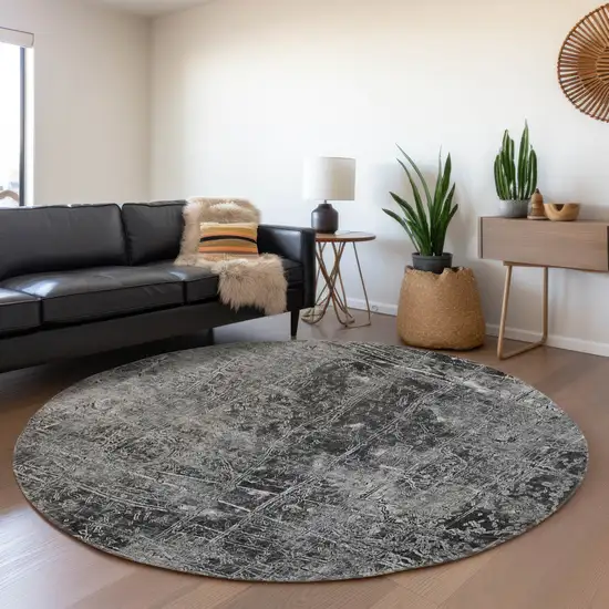 8' Gray And Ivory Abstract Washable Round Rug With UV Protection Photo 5
