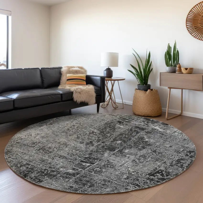8' Gray And Ivory Abstract Washable Round Rug With UV Protection Photo 5