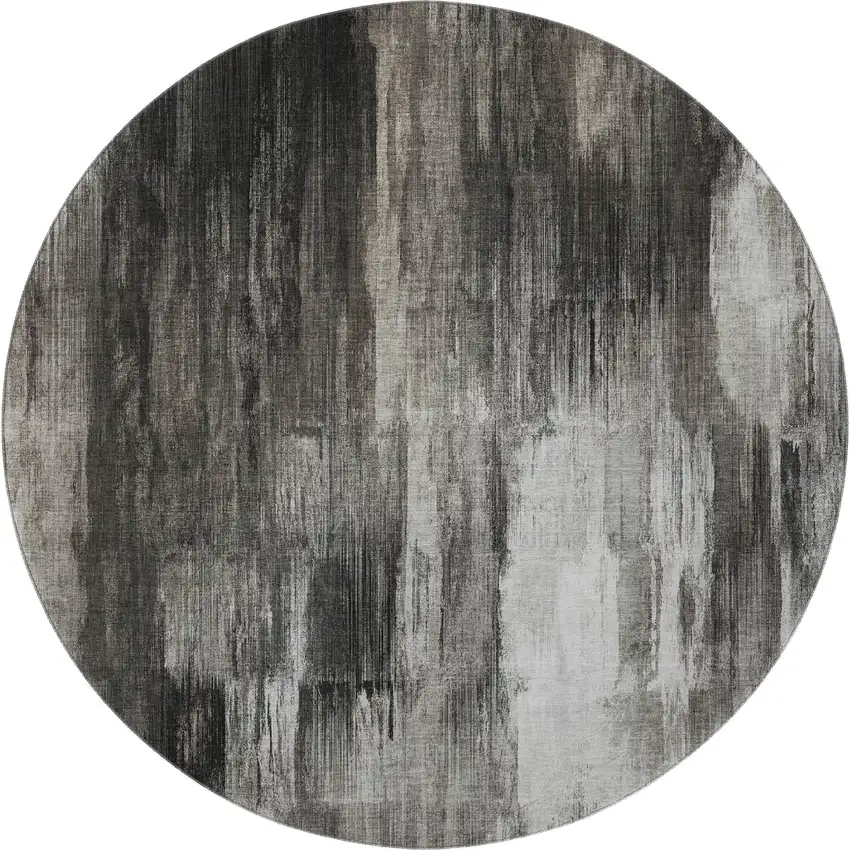 8' Gray And Ivory Abstract Washable Round Rug With UV Protection Photo 4