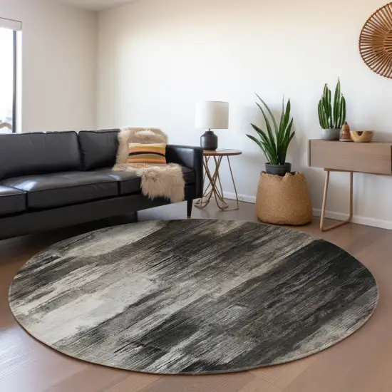 8' Gray And Ivory Abstract Washable Round Rug With UV Protection Photo 5