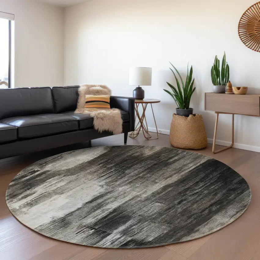 8' Gray And Ivory Abstract Washable Round Rug With UV Protection Photo 5