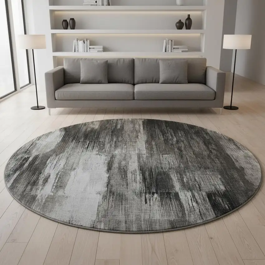 8' Gray And Ivory Abstract Washable Round Rug With UV Protection Photo 2