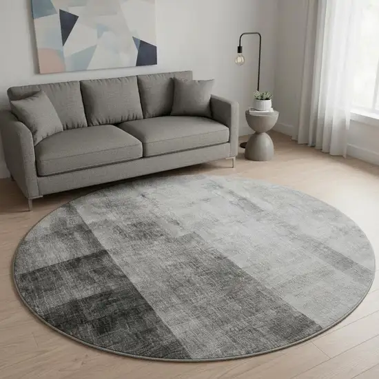 8' Gray And Ivory Abstract Washable Round Rug With UV Protection Photo 2