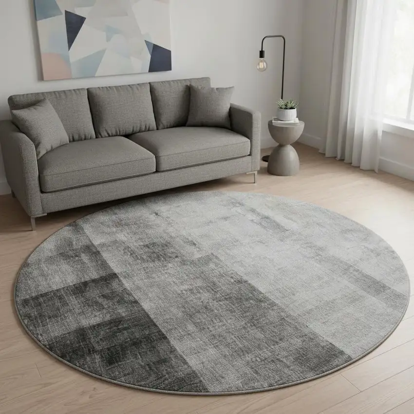 8' Gray And Ivory Abstract Washable Round Rug With UV Protection Photo 2