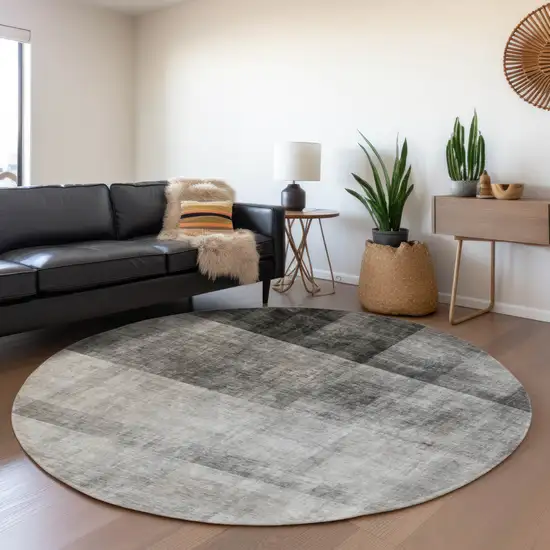 8' Gray And Ivory Abstract Washable Round Rug With UV Protection Photo 5