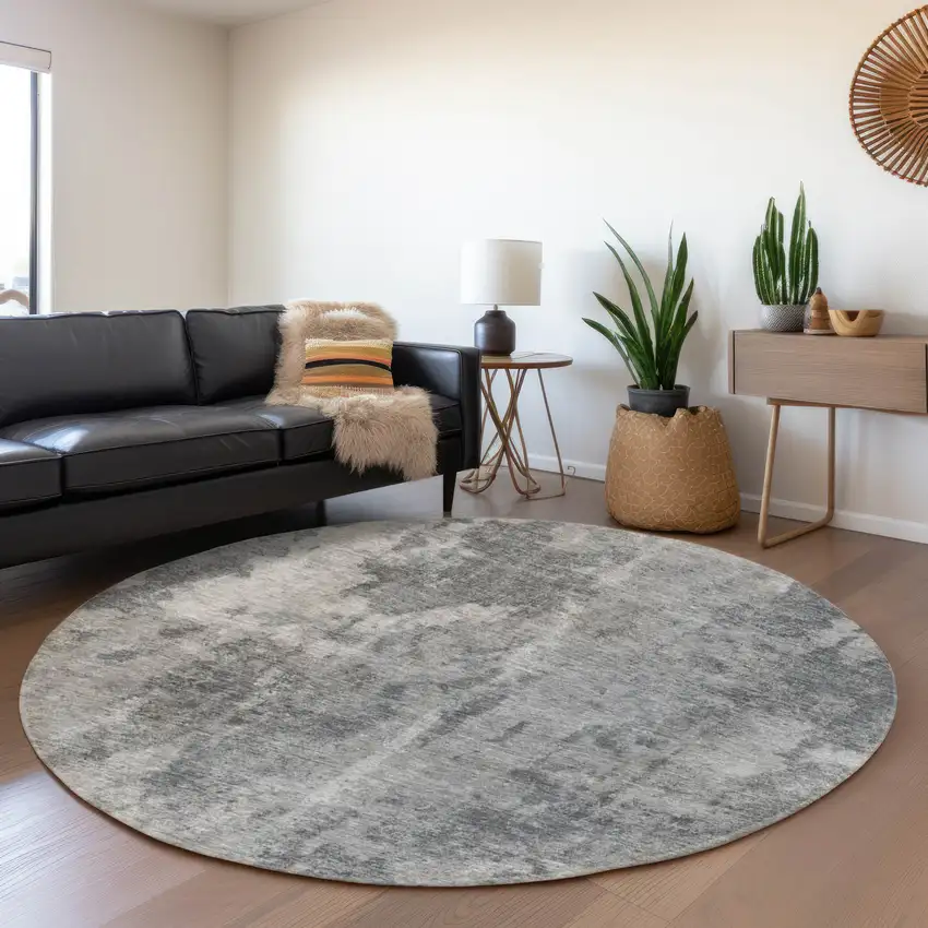 8' Gray And Ivory Abstract Washable Round Rug With UV Protection Photo 5