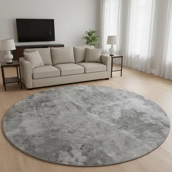 8' Gray And Ivory Abstract Washable Round Rug With UV Protection Photo 2