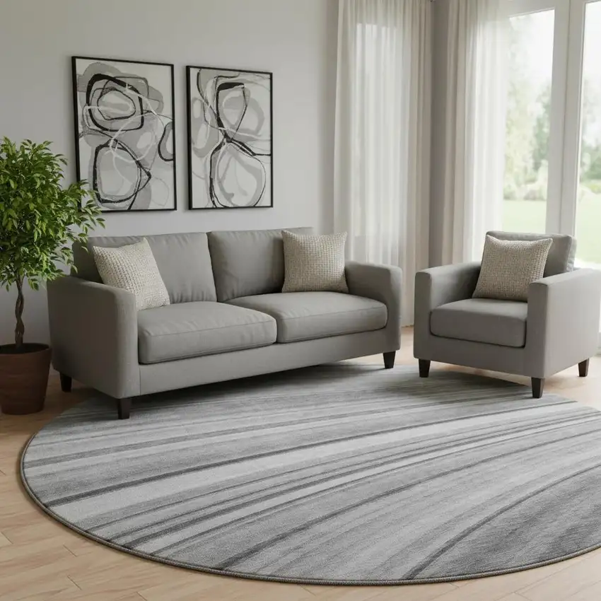 8' Gray And Ivory Abstract Washable Round Rug With UV Protection Photo 1