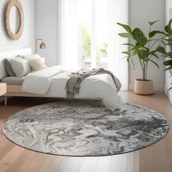 8' Gray And Ivory Abstract Washable Round Rug With UV Protection Photo 5