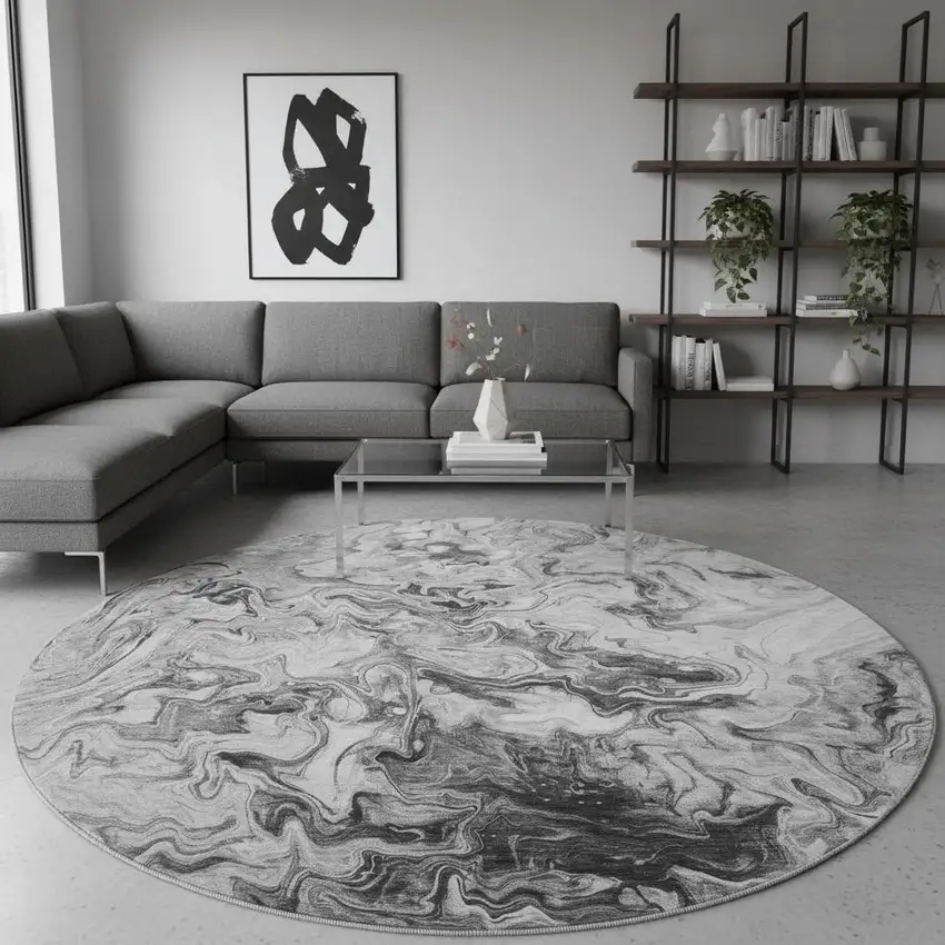 8' Gray And Ivory Abstract Washable Round Rug With UV Protection Photo 2
