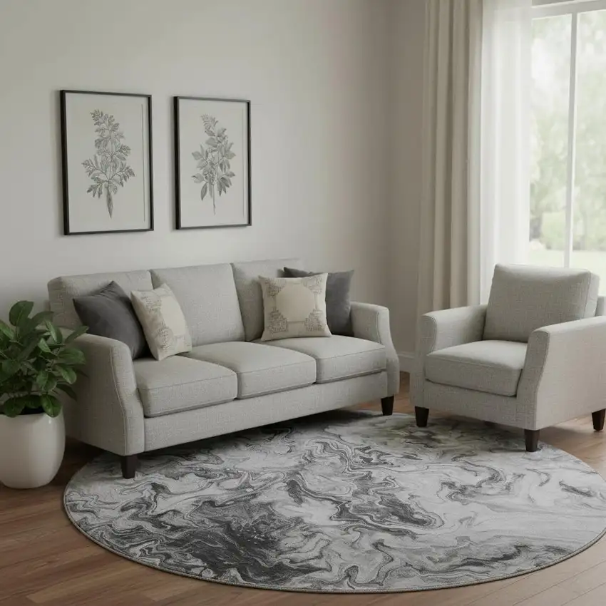 8' Gray And Ivory Abstract Washable Round Rug With UV Protection Photo 1