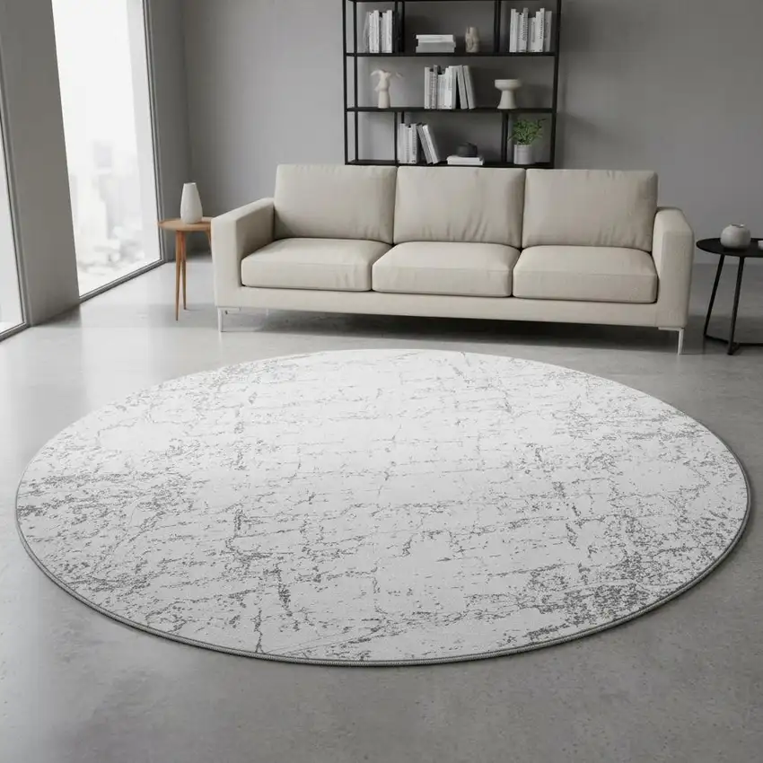 8' Gray And Ivory Abstract Washable Round Rug With UV Protection Photo 2