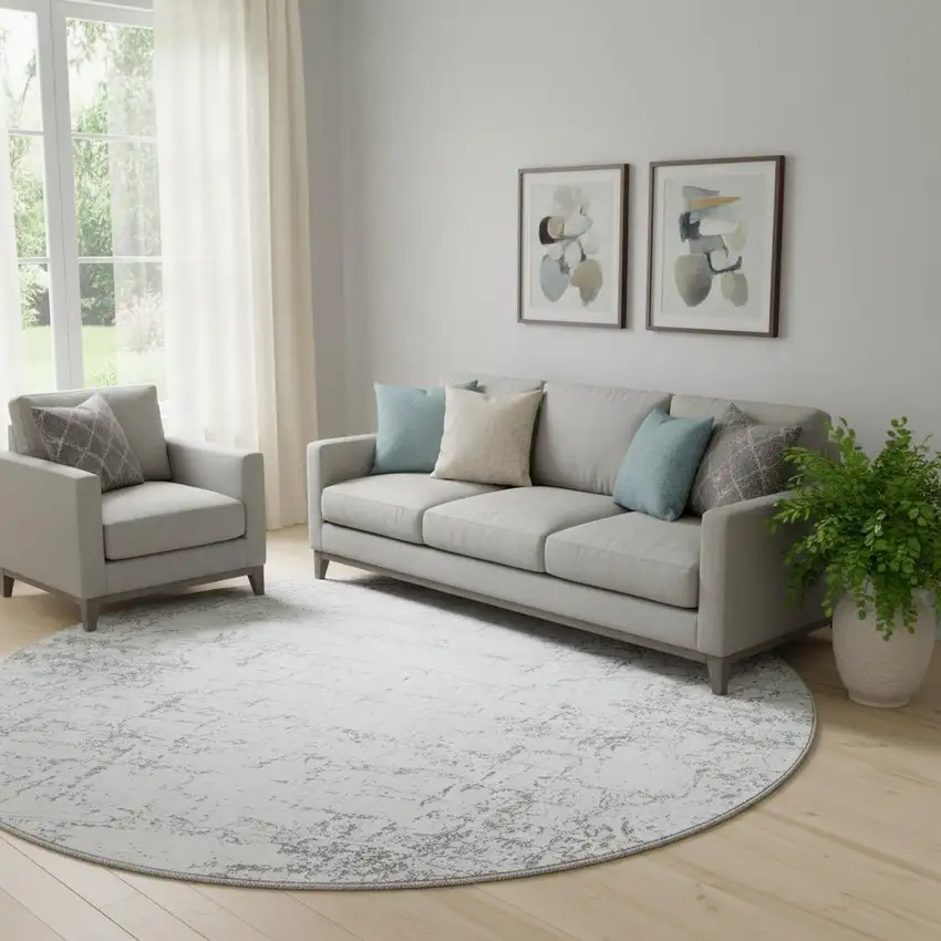 8' Gray And Ivory Abstract Washable Round Rug With UV Protection Photo 1